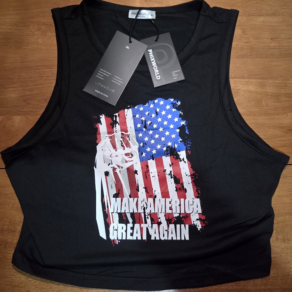 PHIXWORLD Patriotic‎ Graphic Sleeveless Crop Tank Top XL New With Tags